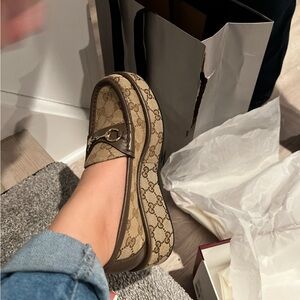 Gucci Beige Monogram Loafers with Silver Accent